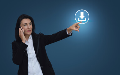 Caucasian businesswoman hand pressing download flat icon over gradient light blue background, Technology internet online concept