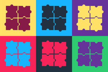 Pop art Piece of puzzle icon isolated on color background. Business, marketing, finance, template, layout, infographics, internet concept. Vector.