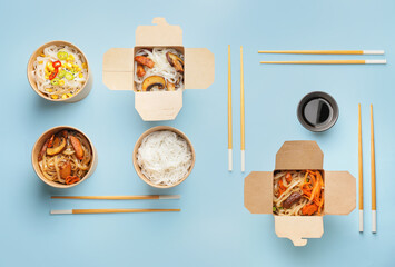 Tasty rice noodles on color background