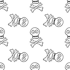 Seamless pattern with human skull and bones. Primitive cartoon style Doodle. Background and texture on theme of Halloween, danger, death, war, poison. For fabric, packaging, party, poster, banner