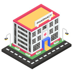 
A medicine store icon, isometric design of pharmacy building 
