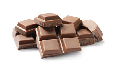 Pieces of delicious milk chocolate isolated on white