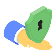 
An editable vector showing safety shield in hand, security access 
