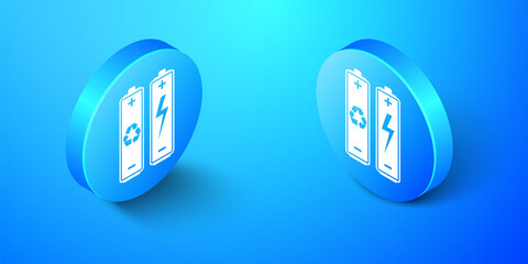 Isometric Battery with recycle symbol - renewable energy concept icon isolated on blue background. Blue circle button. Vector.
