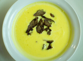 Cheese soup with duck liver.