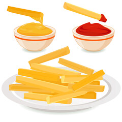 French fries potatoes on a dish and bowls with mustard and ketchup sauces. Vector illustration.