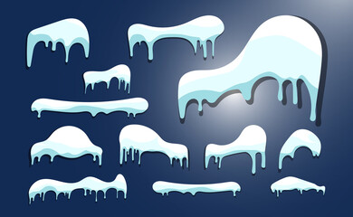 Set of snow caps or snowdrifts. Snowfall and snowflakes on a winter background.