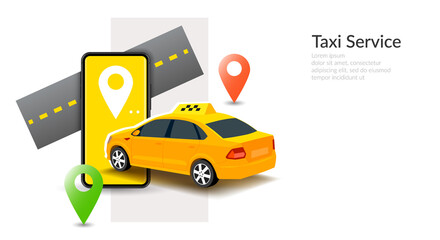 Taxi Service car with phone and location icons poster banner illustration 