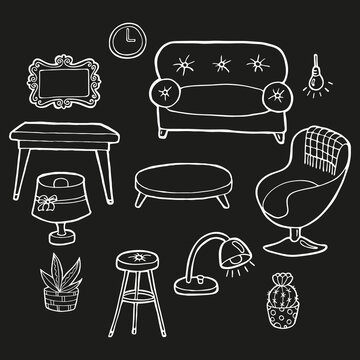 Hand drawn set of furniture for cozy house. In doodle style, white outline isolated on black background. Cute element for card, social media banner, sticker, print, decoration. Vector illustration