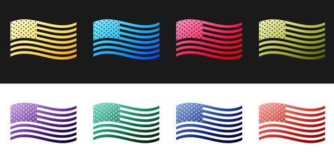 Set American flag icon isolated on black and white background. Flag of USA. Vector.