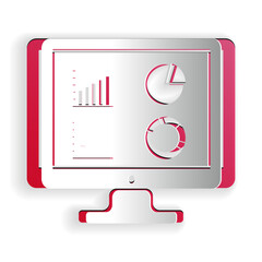 Paper cut Computer monitor with graph chart icon isolated on white background. Report text file icon. Accounting sign. Audit, analysis, planning. Paper art style. Vector.