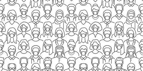 Crowd of people in face masks vector seamless pattern. Coronavirus prevention background with diverse men, woman line icons safety medical respirator, virus protection. Black white color illustration