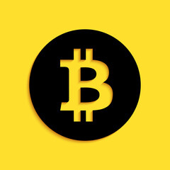 Black Cryptocurrency coin Bitcoin icon isolated on yellow background. Physical bit coin. Digital currency. Blockchain based secure crypto currency. Long shadow style. Vector.