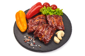 Roasted pork spare ribs in bbq sauce, spicy food, isolated on white background