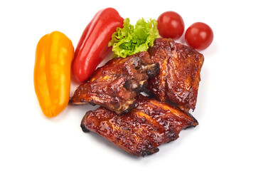 Delicious grilled pork ribs in BBQ sauce, isolated on white background