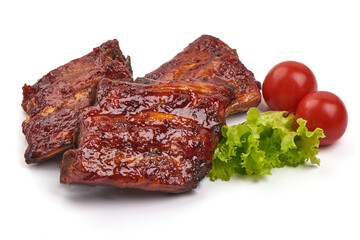 Delicious spicy marinated ribs in a bbq or tomato sauce, isolated on white background