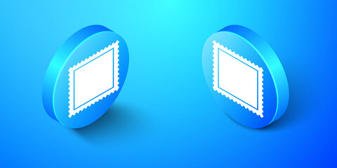 Isometric Postal stamp icon isolated on blue background. Blue circle button. Vector.