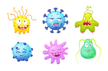 Microorganism, bacteria, microbes, cute germs, virus cell, bacillus with funny smiley faces. Viruses bacteria emoticon, microbe monsters smiling pathogen microbes coronavirus cartoon characters