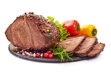 Spicy roast pork slices, isolated on white background