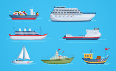 Obraz premium Maritime ships at sea, shipping boats, sailboat, yacht sailing, cargo cruise ship, steamship, vessel, frigate with sails, battleship, tanker. Water transportation boat tourism transport cartoon
