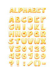 Comic game font cartoon bubble lettering, fonts. Colorful lowercase letters of an alphabet with glint. Bright letters for typography inscriptions, numbers, signs for kids' vector