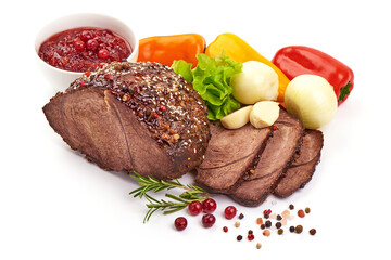 Spicy roast pork slices, isolated on white background