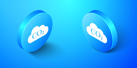 Isometric CO2 emissions in cloud icon isolated on blue background. Carbon dioxide formula symbol, smog pollution concept, environment, combustion products. Blue circle button. Vector.
