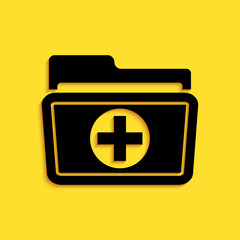 Black Medical health record folder for healthcare icon isolated on yellow background. Patient file icon. Medical history symbol. Long shadow style. Vector.