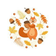 Autumn Symbols of Round Shape, Cute Squirrel with Acorn Surrounded with Colorful Leaves Vector Illustration