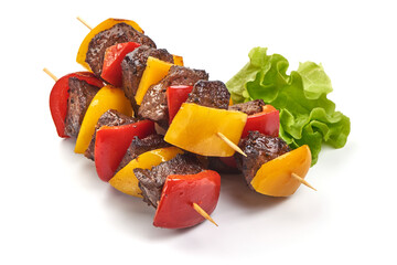 Roasted mutton skewers, BBQ kebab, isolated on white background