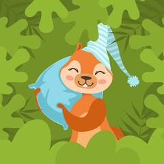 Cute Squirrel in Cap Sleeping on Pillow, Adorable Wild Animal Character Lying in Green Bed Vector Illustration