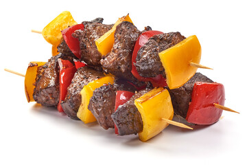 Grilled beef meat kebab, barbecue skewers, isolated on white background