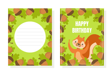 Happy Birthday Invitation or Greeting Card Template with Cute Funny Squirrel Character Vector Illustration