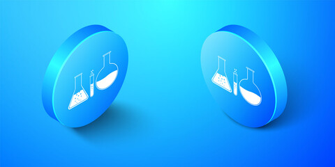 Isometric Test tube and flask - chemical laboratory test icon isolated on blue background. Laboratory glassware sign. Blue circle button. Vector.
