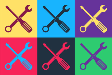 Pop art Spanner and screwdriver tools icon isolated on color background. Service tool symbol. Vector.