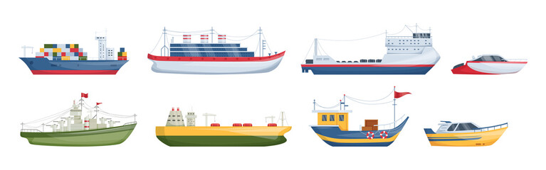 Fototapeta premium Maritime ships at sea, shipping boats, sailboat, yacht sailing, cargo cruise ship, steamship, vessel, frigate with sails, battleship, tanker. Water transportation boat tourism transport cartoon