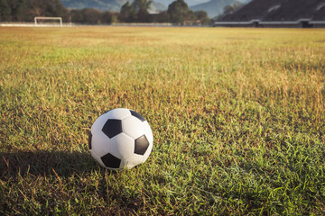 View of classic leather soccer ball on green grass field in the arena stadium.Traditional black and...