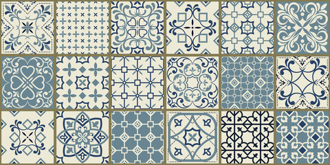 Collection of 18 ceramic tiles in turkish style. Seamless colorful patchwork from Azulejo tiles. Portuguese and Spain decor. Islam, Arabic, Indian, Ottoman motif. Vector Hand drawn background