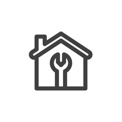 Home repair service line icon. linear style sign for mobile concept and web design. House with wrench outline vector icon. Symbol, logo illustration. Vector graphics