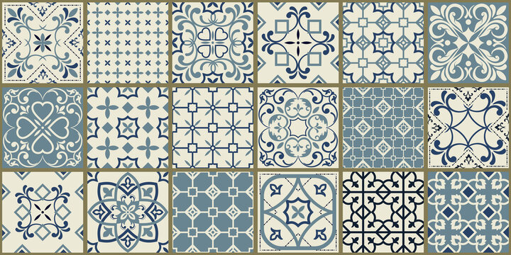 Collection of 18 ceramic tiles in turkish style. Seamless colorful patchwork from Azulejo tiles. Portuguese and Spain decor. Islam, Arabic, Indian, Ottoman motif. Vector Hand drawn background