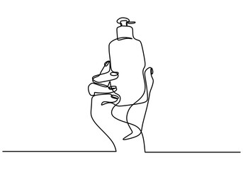 Continuous one line drawing of hand holding bottle with liquid soap isolated on white background. Wash your hands with soap or hand sanitizer line art design minimalist style. Vector illustration