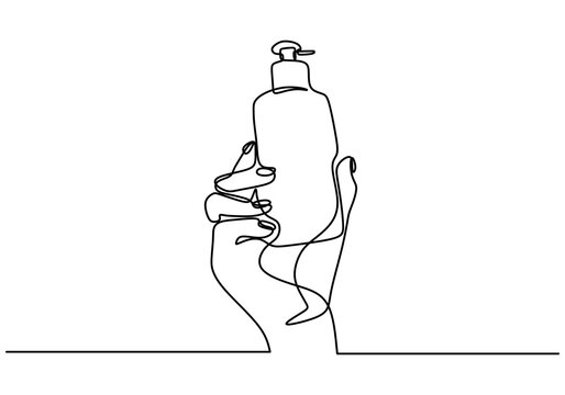 recommend clip art: Continuous one line drawing of hand holding bottle with liquid soap isolated on white background. Wash your hands with soap or hand sanitizer line art design minimalist style. Vector illustration