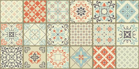 Collection of 18 ceramic tiles in turkish style. Seamless colorful patchwork from Azulejo tiles. Portuguese and Spain decor. Islam, Arabic, Indian, Ottoman motif. Vector Hand drawn background - 379306755