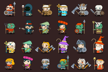 Fantasy rpg game heroes villains minions character vector outline icons set flat design vector illustration - obrazy, fototapety, plakaty