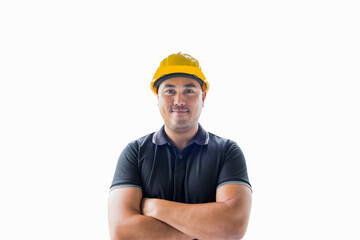 Professional Asian man engineer in yellow helmet isolated on white background. Building contractor or mechanic construction worker holding hands crossed. Confident handsome architect safety in hardhat