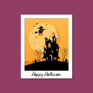 Witch flying over hauntd house with moon on background