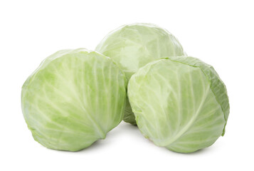 Whole fresh ripe cabbages on white background
