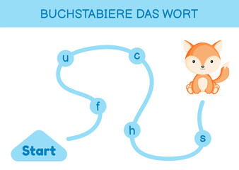 Buchstabiere das wort - Spell the word. Maze for kids. Spelling word game template. Learn to read word fox. Activity page for study German for development of children. Vector stock illustration.