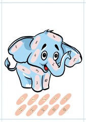 Educational tasks for children. Elephant and plasters, counting game with the ability to cut. The illustration is made on a white background, A4 format, hand-drawn in the Procreate program.