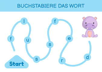 Buchstabiere das wort - Spell the word. Maze for kids. Spelling word game template. Learn to read word hippo. Activity page for study German for development of children. Vector stock illustration.